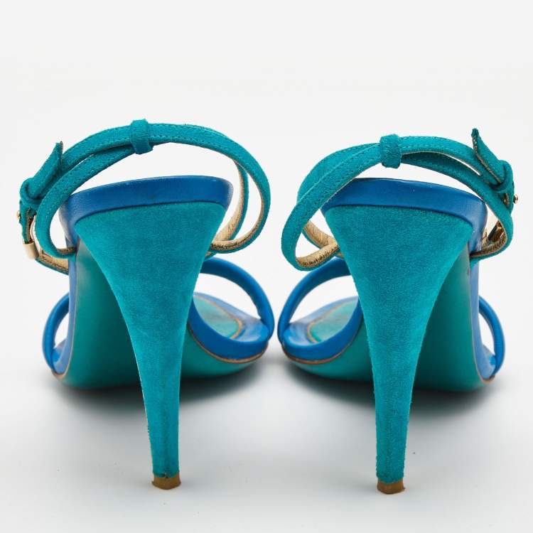 Pre Owned Salvatore Ferragamo Blue/Green Leather and Suede Ankle Strap Sandals Size 37.5