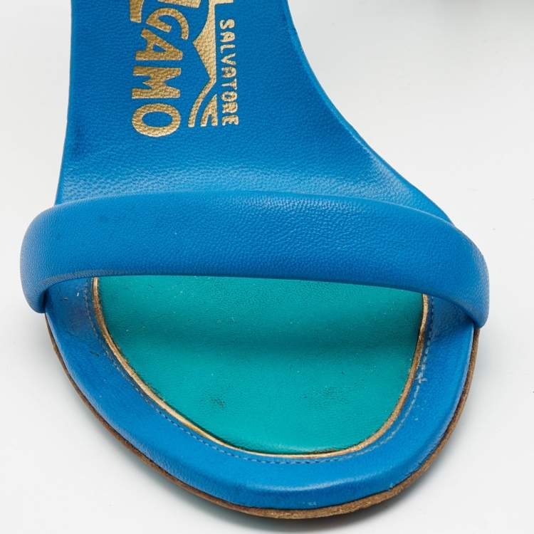 Pre Owned Salvatore Ferragamo Blue/Green Leather and Suede Ankle Strap Sandals Size 37.5