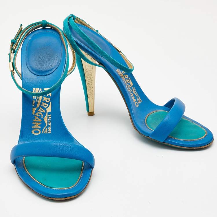 Pre Owned Salvatore Ferragamo Blue/Green Leather and Suede Ankle Strap Sandals Size 37.5