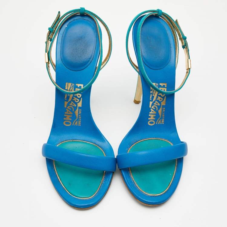 Pre Owned Salvatore Ferragamo Blue/Green Leather and Suede Ankle Strap Sandals Size 37.5