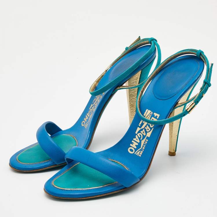 Pre Owned Salvatore Ferragamo Blue/Green Leather and Suede Ankle Strap Sandals Size 37.5