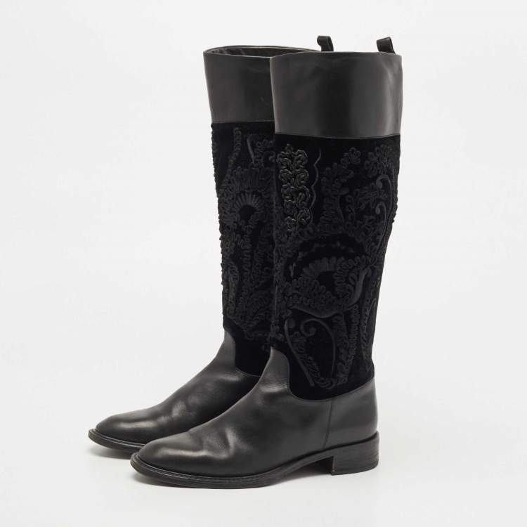 Pre Owned Salvatore Ferragamo Black Leather and Velvet Knee Length Boots Size 38