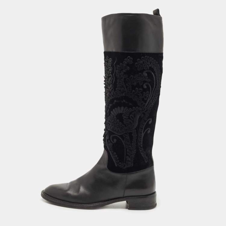 Pre Owned Salvatore Ferragamo Black Leather and Velvet Knee Length Boots Size 38