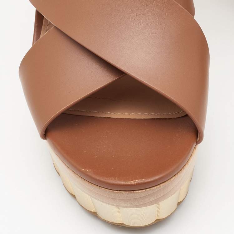 Pre Owned Salvatore Ferragamo Brown Leather Criss Cross Block Heel Clog Slides Size 37.5