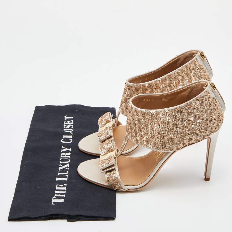 Pre Owned Salvatore Ferragamo Beige Sequins and Satin Vara Bow Ankle Strap Sandals Size 39
