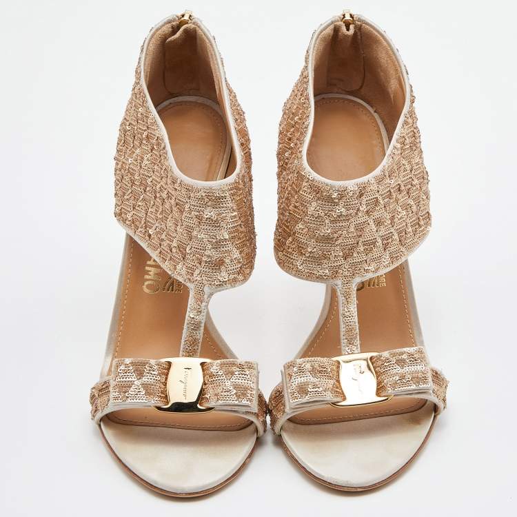 Pre Owned Salvatore Ferragamo Beige Sequins and Satin Vara Bow Ankle Strap Sandals Size 39