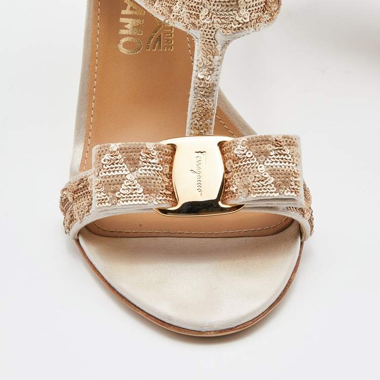 Pre Owned Salvatore Ferragamo Beige Sequins and Satin Vara Bow Ankle Strap Sandals Size 39