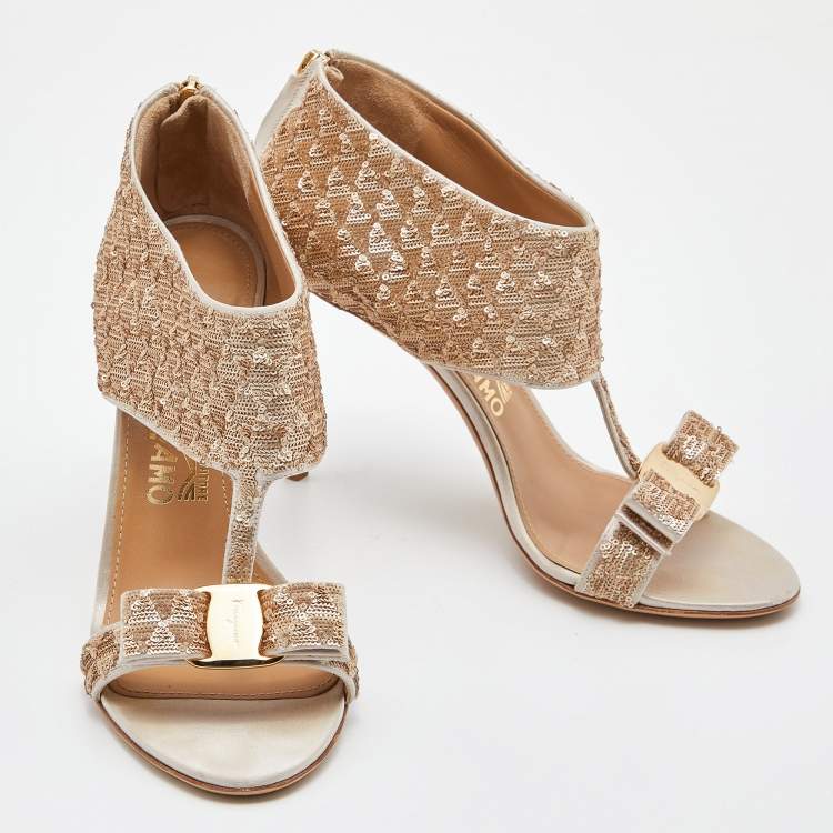Pre Owned Salvatore Ferragamo Beige Sequins and Satin Vara Bow Ankle Strap Sandals Size 39