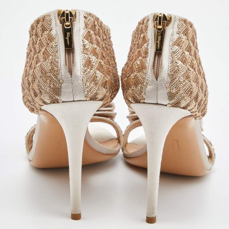 Pre Owned Salvatore Ferragamo Beige Sequins and Satin Vara Bow Ankle Strap Sandals Size 39