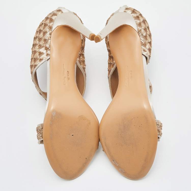 Pre Owned Salvatore Ferragamo Beige Sequins and Satin Vara Bow Ankle Strap Sandals Size 39