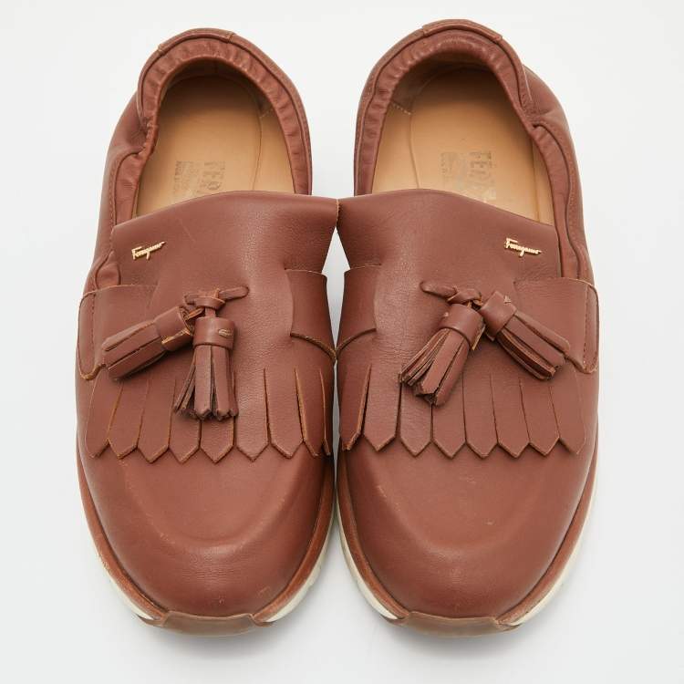 Pre Owned Salvatore Ferragamo Brown Leather Tassel Fringe Loafers Size 39.5