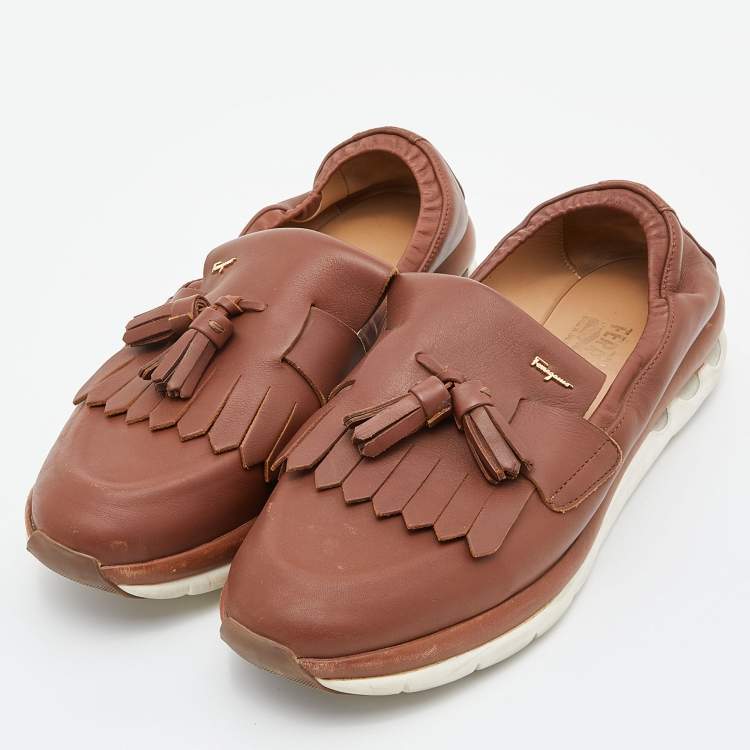 Pre Owned Salvatore Ferragamo Brown Leather Tassel Fringe Loafers Size 39.5