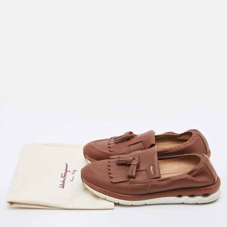 Pre Owned Salvatore Ferragamo Brown Leather Tassel Fringe Loafers Size 39.5
