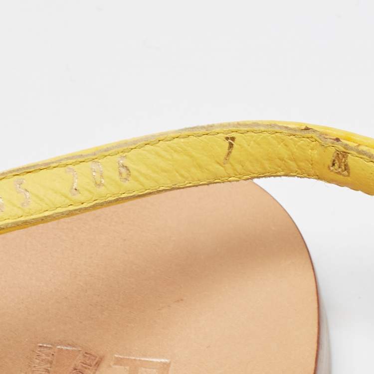 Pre Owned Salvatore Ferragamo Yellow Leather Crystal Embellished T Strap Flats Size 37.5