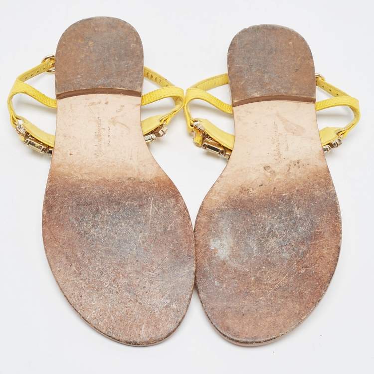 Pre Owned Salvatore Ferragamo Yellow Leather Crystal Embellished T Strap Flats Size 37.5