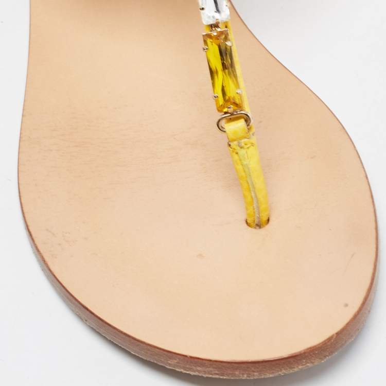 Pre Owned Salvatore Ferragamo Yellow Leather Crystal Embellished T Strap Flats Size 37.5