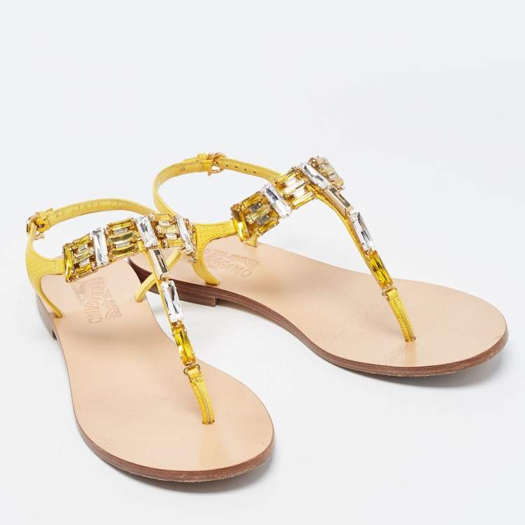 Pre Owned Salvatore Ferragamo Yellow Leather Crystal Embellished T Strap Flats Size 37.5
