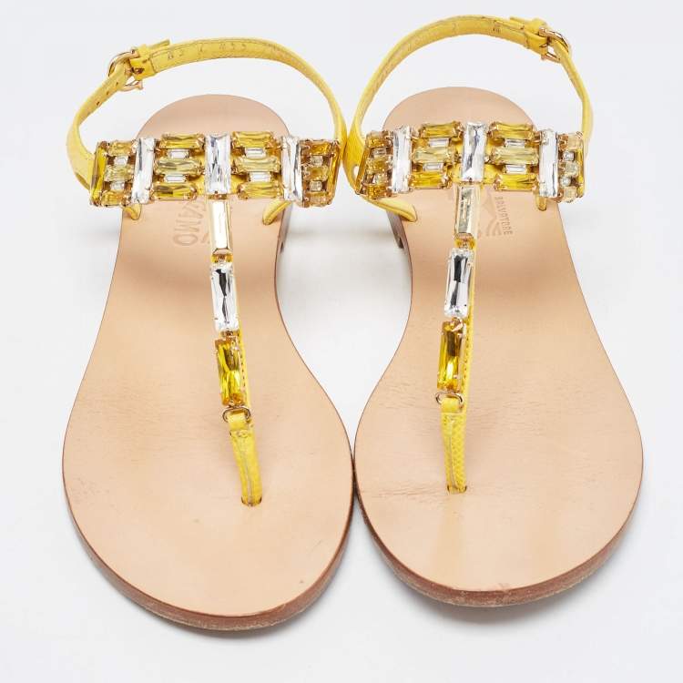 Pre Owned Salvatore Ferragamo Yellow Leather Crystal Embellished T Strap Flats Size 37.5