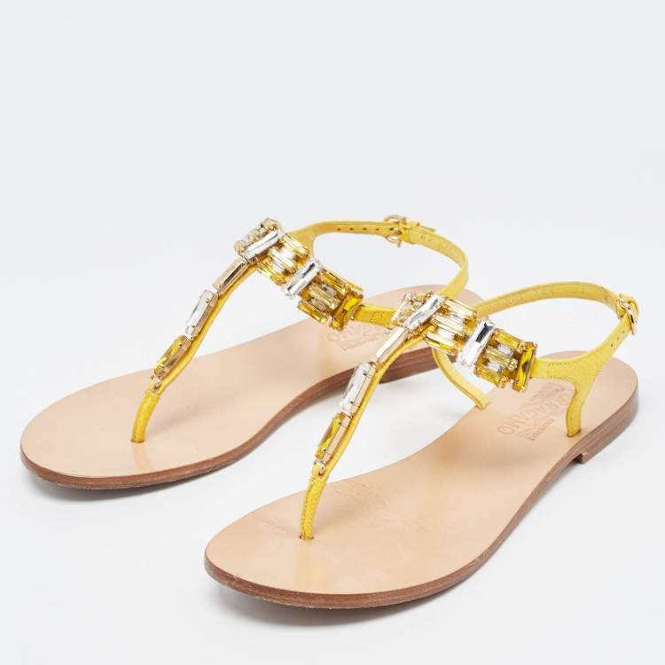 Pre Owned Salvatore Ferragamo Yellow Leather Crystal Embellished T Strap Flats Size 37.5