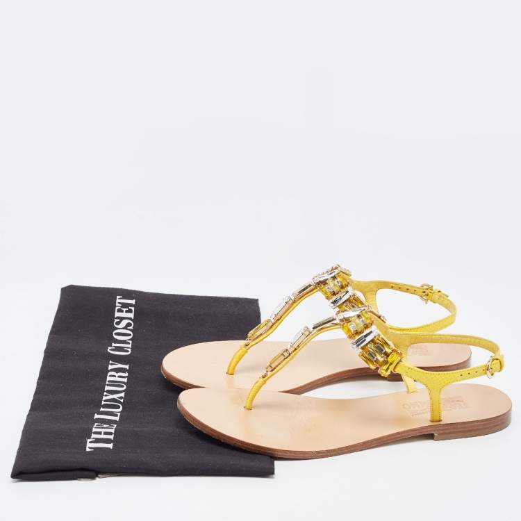 Pre Owned Salvatore Ferragamo Yellow Leather Crystal Embellished T Strap Flats Size 37.5