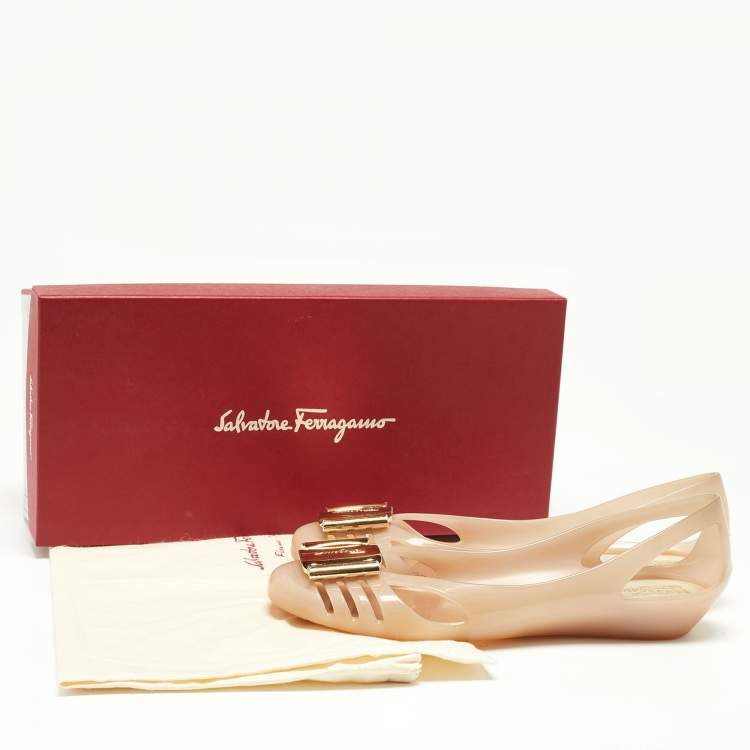 Pre Owned Salvatore Ferragamo Beige PVC Bermuda Ballet Flats Size 37.5