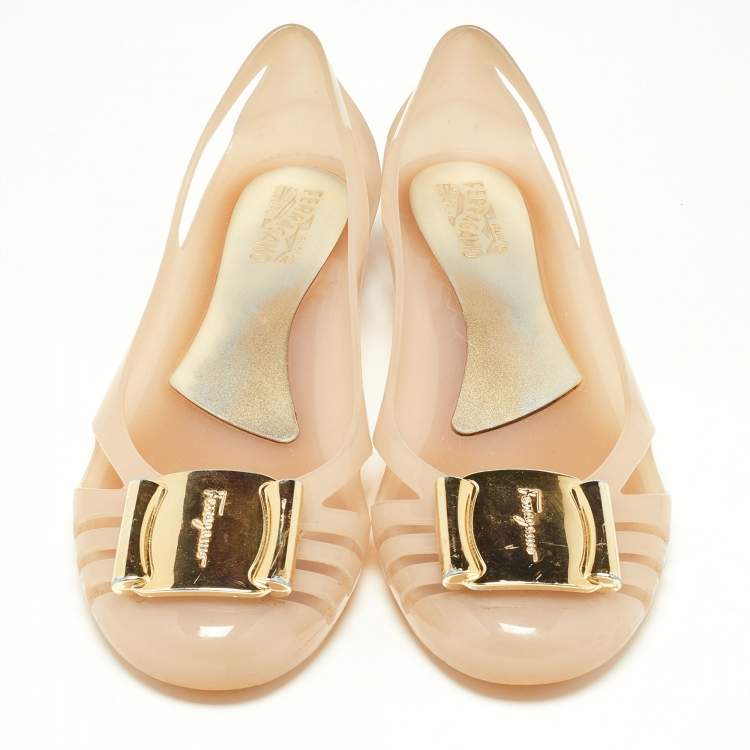Pre Owned Salvatore Ferragamo Beige PVC Bermuda Ballet Flats Size 37.5