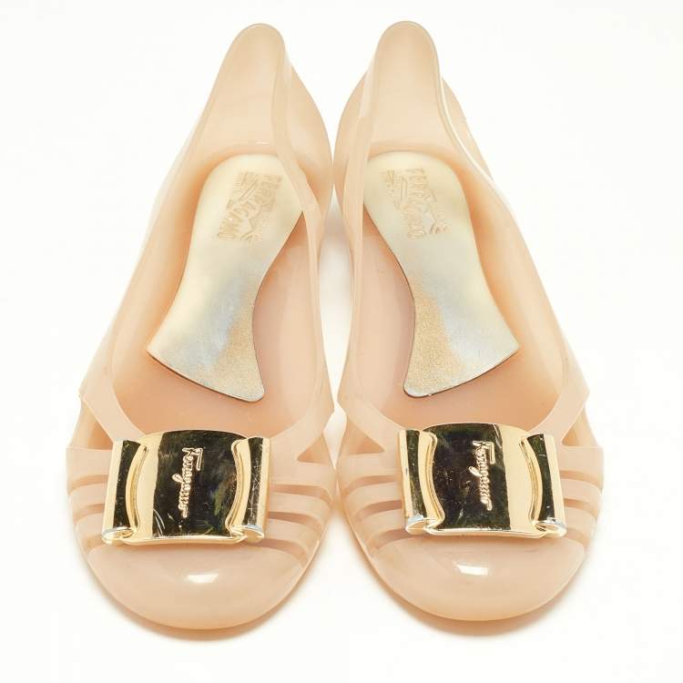 Pre Owned Salvatore Ferragamo Beige PVC Bermuda Ballet Flats Size 37.5