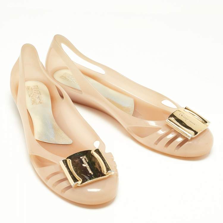 Pre Owned Salvatore Ferragamo Beige PVC Bermuda Ballet Flats Size 37.5