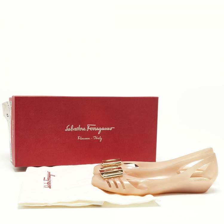 Pre Owned Salvatore Ferragamo Beige PVC Bermuda Ballet Flats Size 37.5