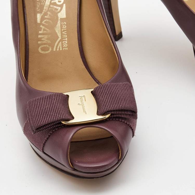 Pre Owned Salvatore Ferragamo Purple Leather Vara Bow Peep Toe Platform Pumps Size 37