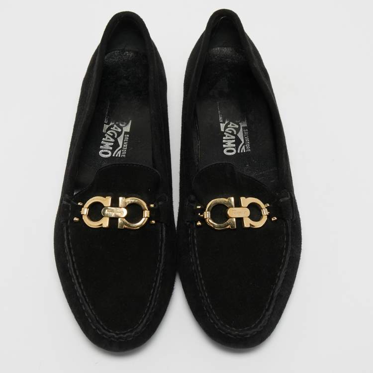 Pre Owned Salvatore Ferragamo Black Suede Gancini Loafers Size 41.5