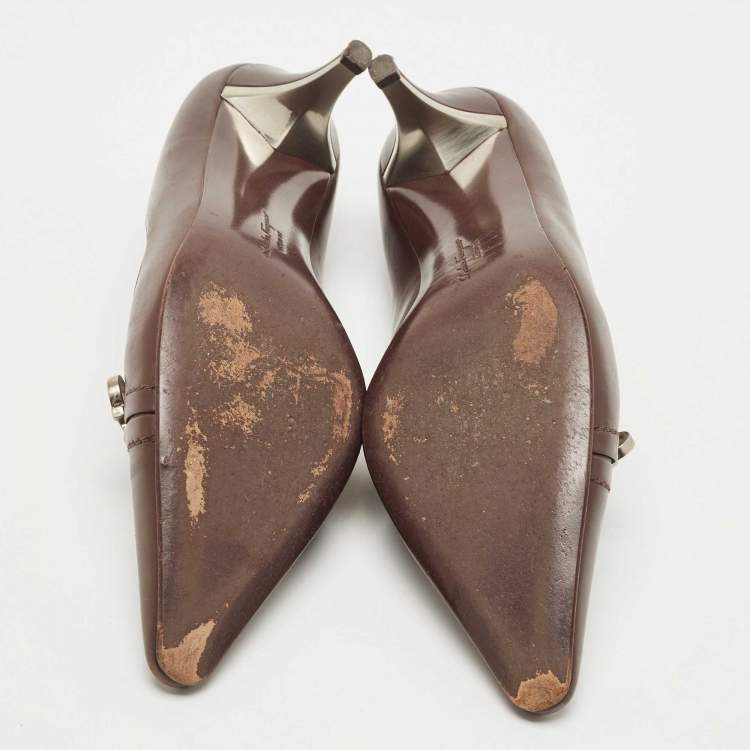 Pre Owned Salvatore Ferragamo Brown Leather Gancio Pointed Toe Pumps Size 39.5
