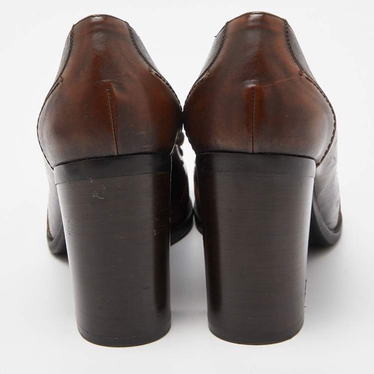 Pre Owned Salvatore Ferragamo Brown Leather Vara Bow Block Heels Pumps Size 38