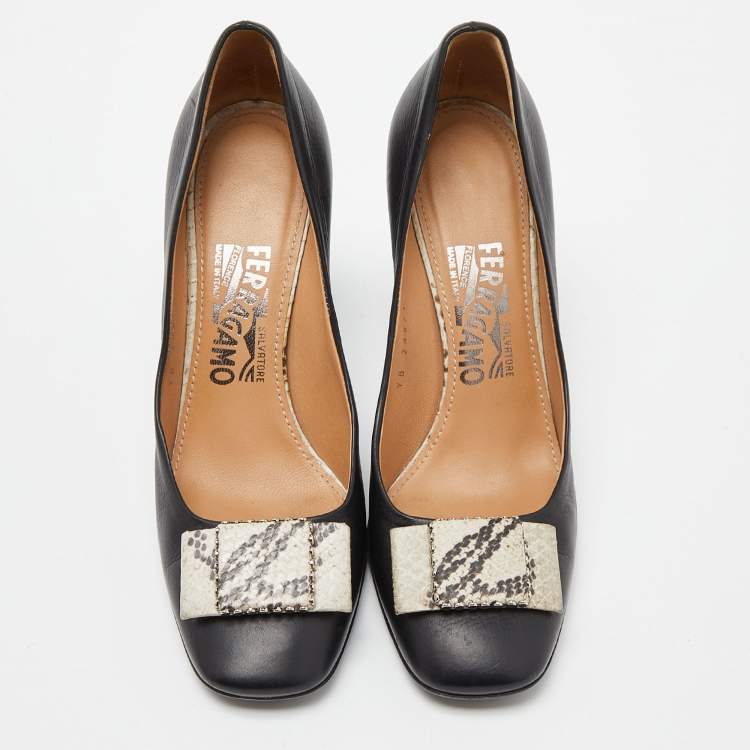 Pre Owned Salvatore Ferragamo Black Leather Bow Block Heel Pumps Size 37