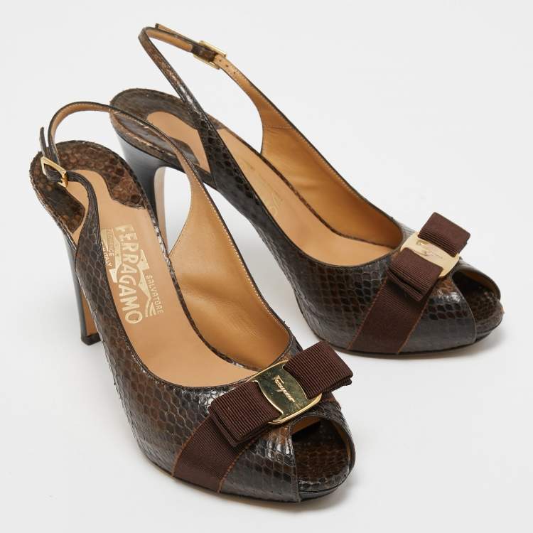 Pre Owned Salvatore Ferragamo Brown Python  Leather Vara Bow Slingback  Pumps Size 39.5