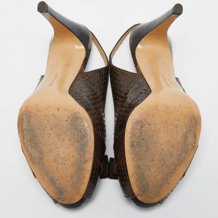 Pre Owned Salvatore Ferragamo Brown Python  Leather Vara Bow Slingback  Pumps Size 39.5