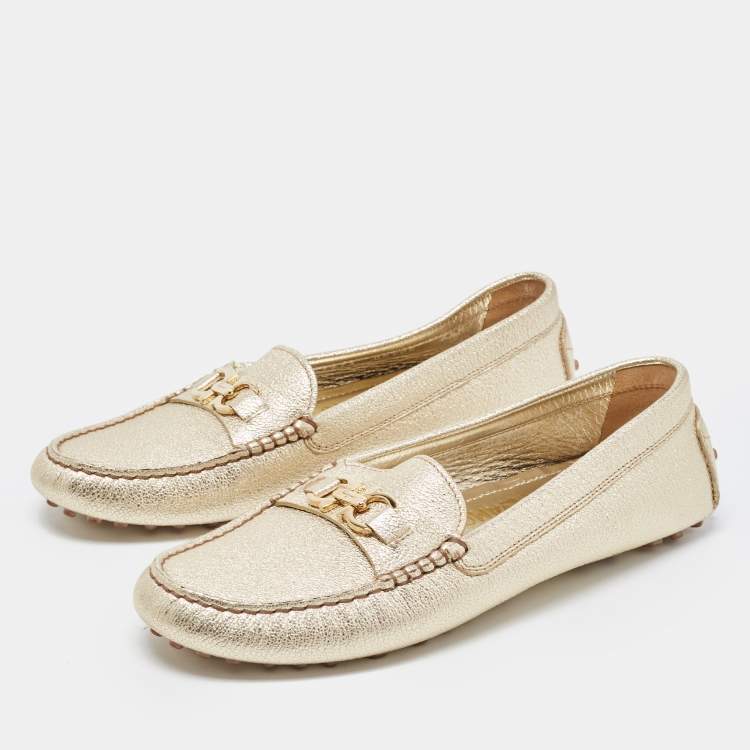 Pre Owned Salvatore Ferragamo Gold Leather Slip On Loafers Size 37
