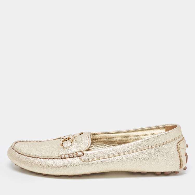 Pre Owned Salvatore Ferragamo Gold Leather Slip On Loafers Size 37