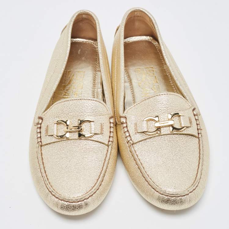 Pre Owned Salvatore Ferragamo Gold Leather Slip On Loafers Size 37