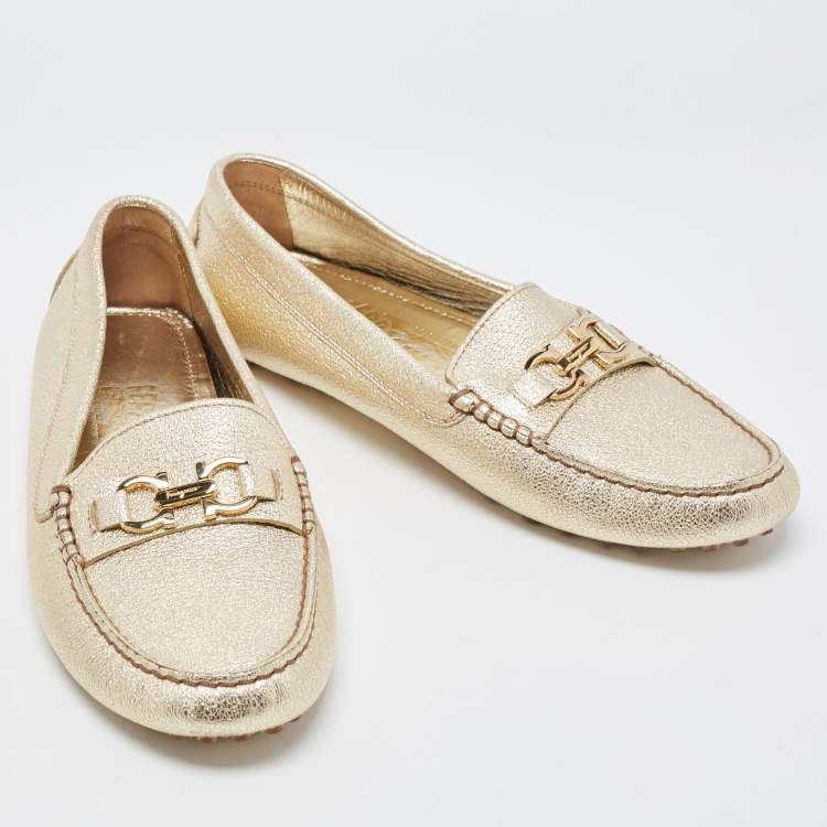 Pre Owned Salvatore Ferragamo Gold Leather Slip On Loafers Size 37