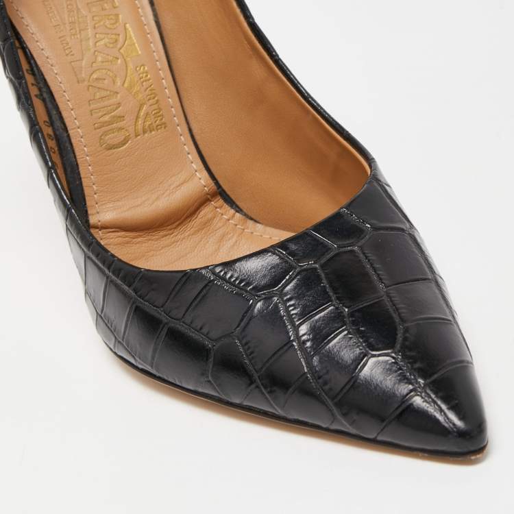 Pre Owned Salvatore Ferragamo Black Croc Embossed Leather Pointed Toe Pumps Size 40.5