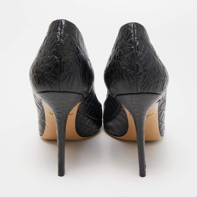 Pre Owned Salvatore Ferragamo Black Croc Embossed Leather Pointed Toe Pumps Size 40.5