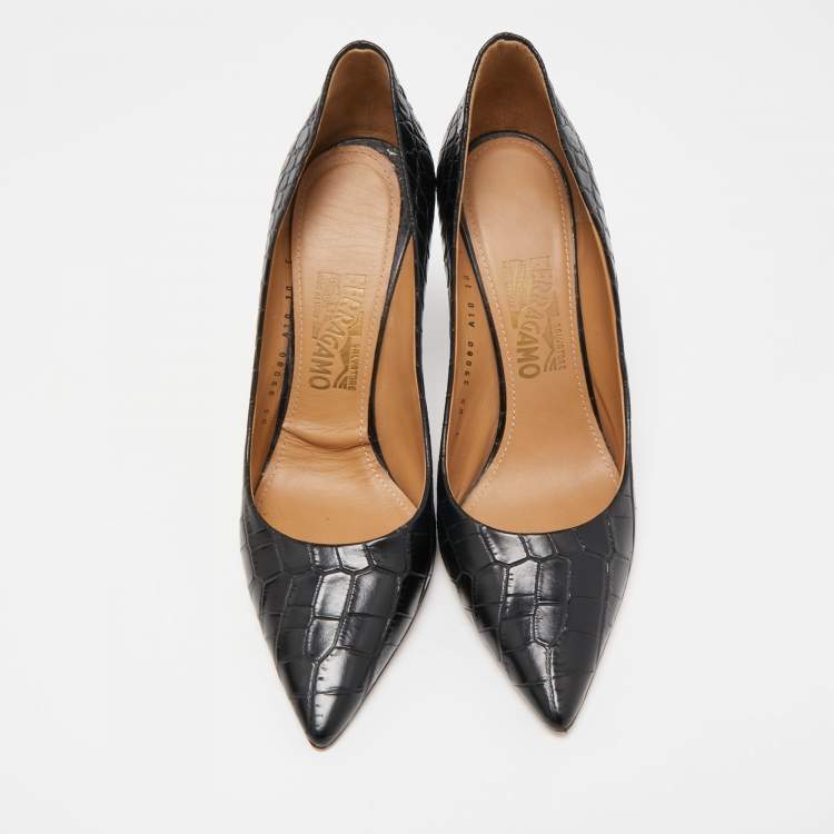 Pre Owned Salvatore Ferragamo Black Croc Embossed Leather Pointed Toe Pumps Size 40.5