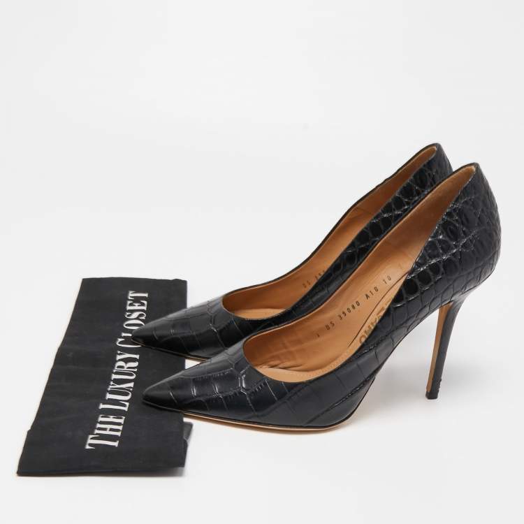 Pre Owned Salvatore Ferragamo Black Croc Embossed Leather Pointed Toe Pumps Size 40.5