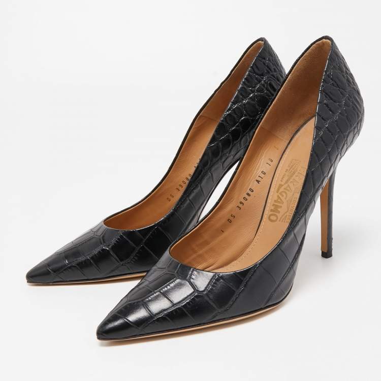 Pre Owned Salvatore Ferragamo Black Croc Embossed Leather Pointed Toe Pumps Size 40.5