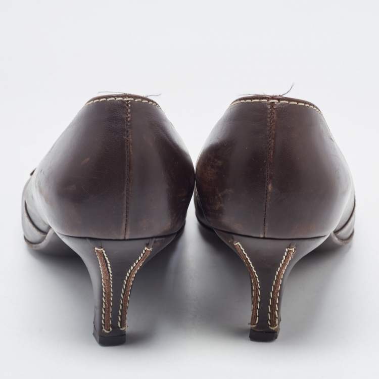 Pre Owned Salvatore Ferragamo Brown Leather Square Toe Pumps Size 38