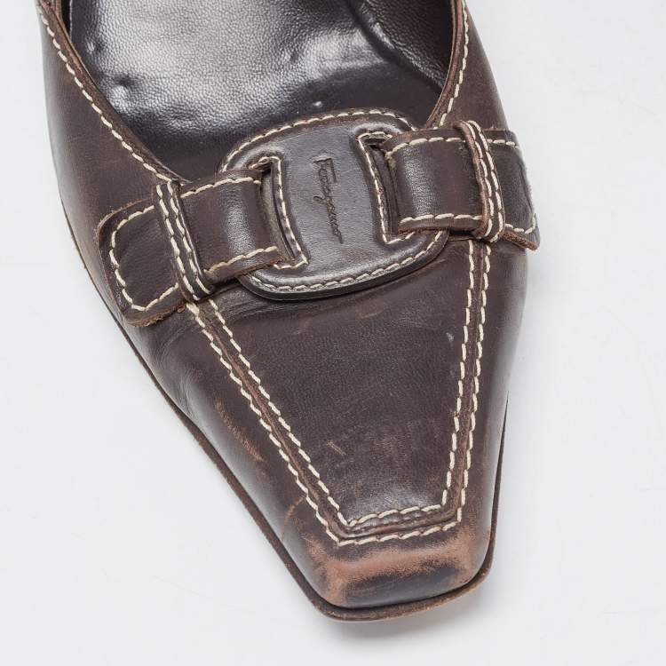 Pre Owned Salvatore Ferragamo Brown Leather Square Toe Pumps Size 38