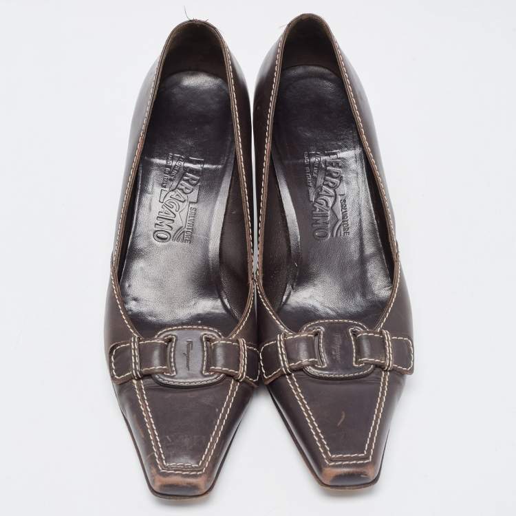 Pre Owned Salvatore Ferragamo Brown Leather Square Toe Pumps Size 38