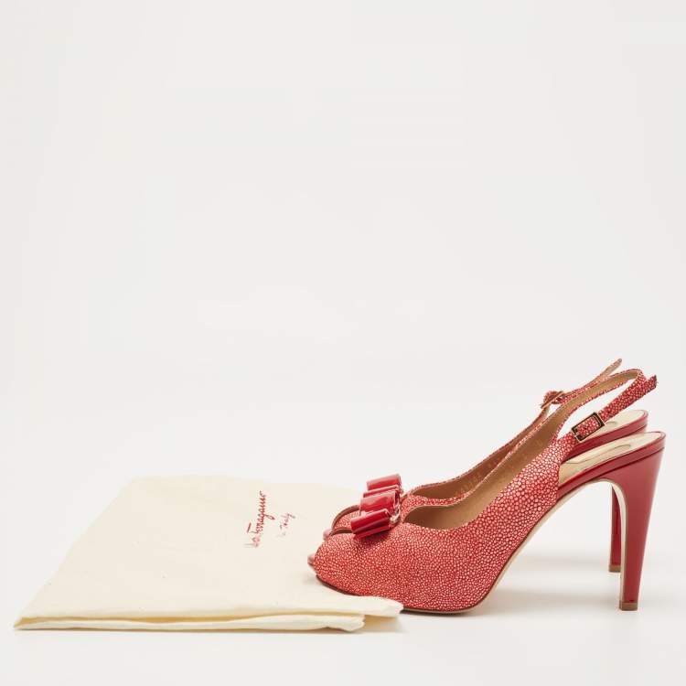 Pre Owned Salvatore Ferragamo Red Texture Suede  Vara Bow  Slingback Pumps Size 36.5