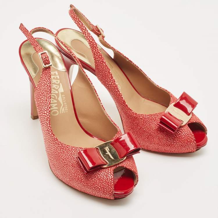 Pre Owned Salvatore Ferragamo Red Texture Suede  Vara Bow  Slingback Pumps Size 36.5